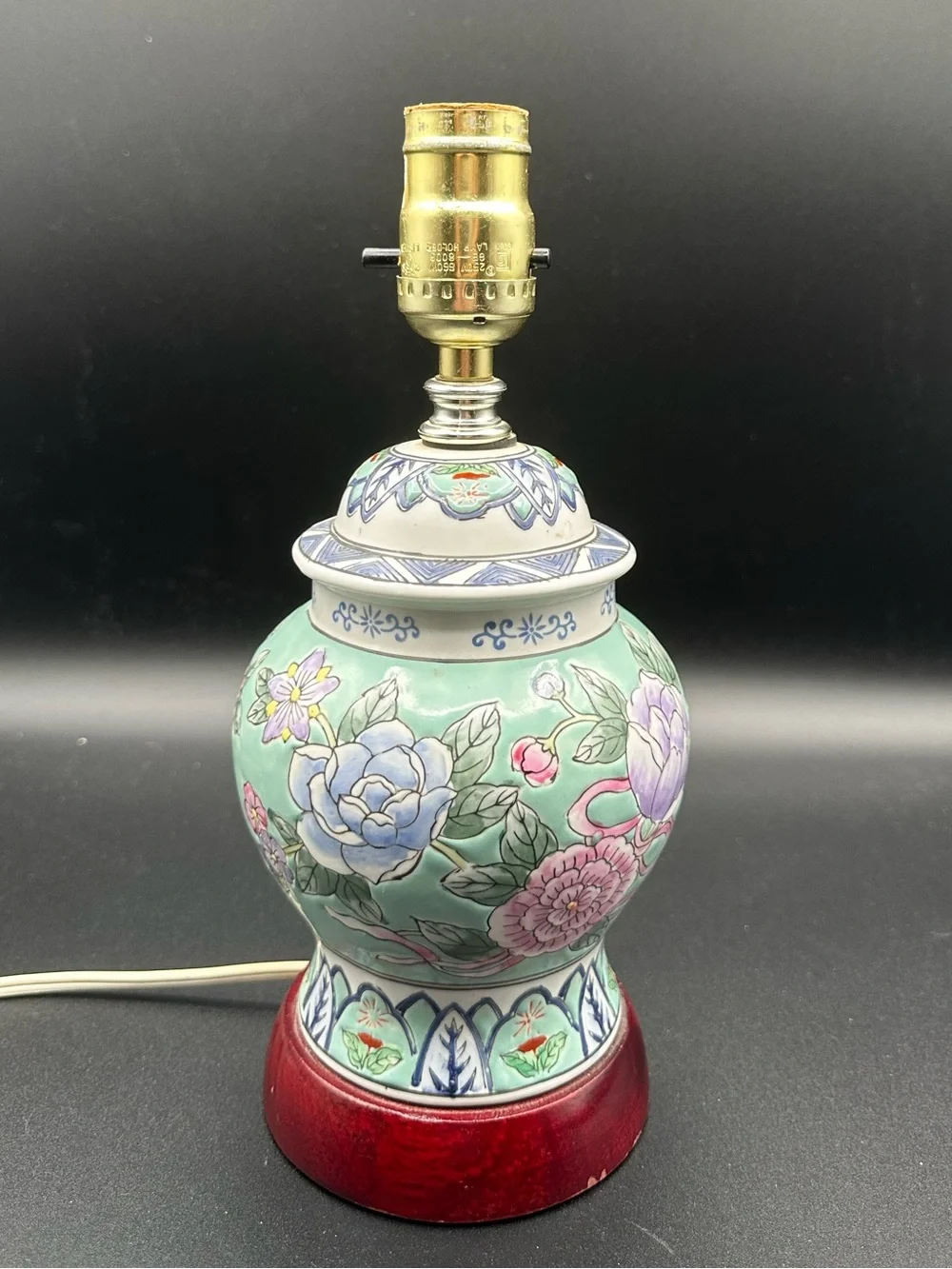 Vintage Chinese Porcelain Ginger Jar Mini Lamp – Celadon Peony Floral, Wood Base